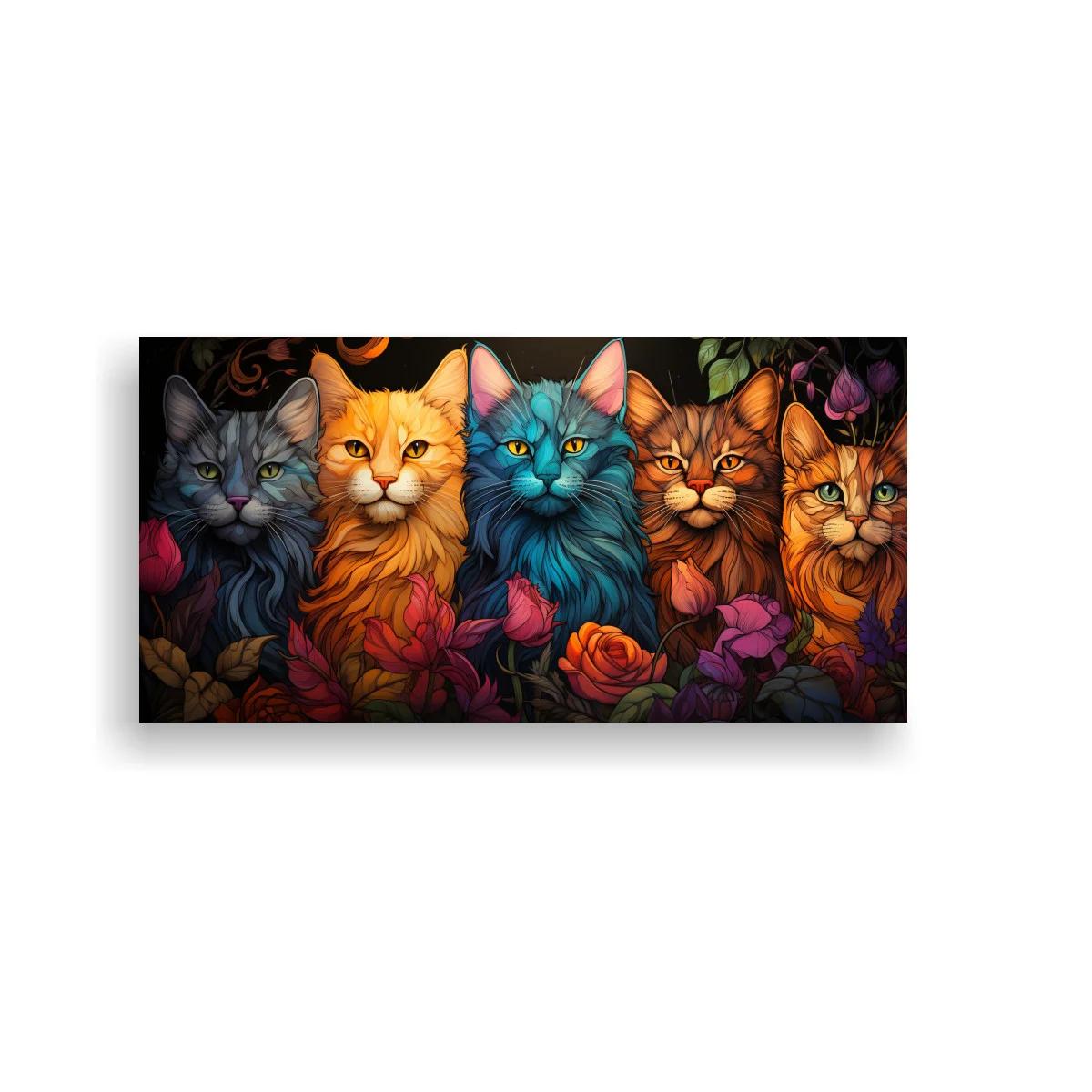 Cuadro cinco gatos de colores entre flores