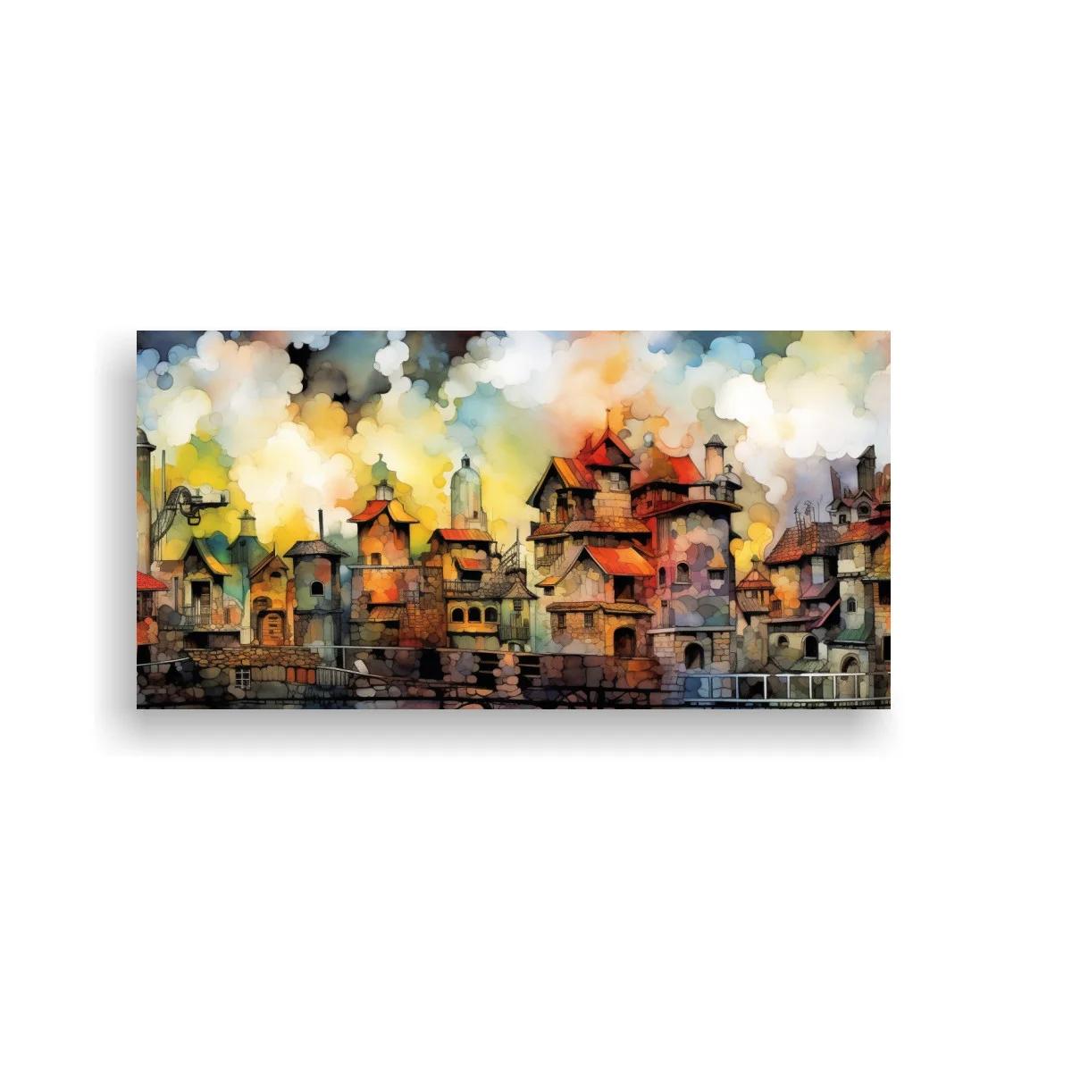 Cuadro skyline de ciudad oriental con pagodas y cielo amplio