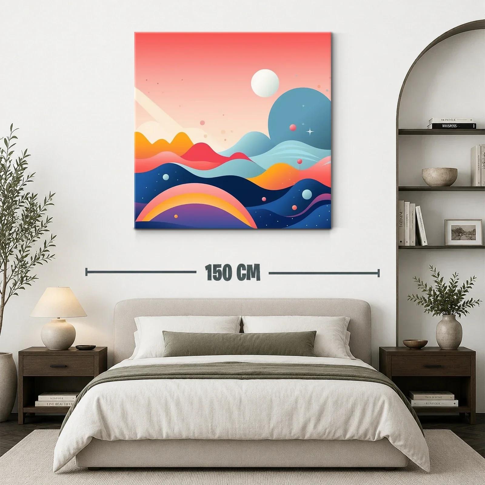Cuadro abstracto con montañas y planetas en tonos vibrantes — miniatura 3