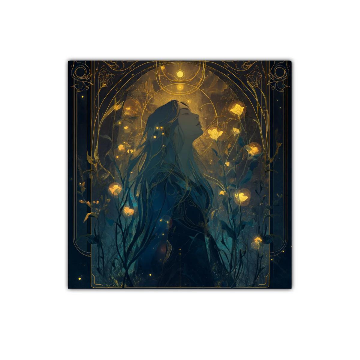 Retrato femenino místico con luz dorada entre flores — imagen principal