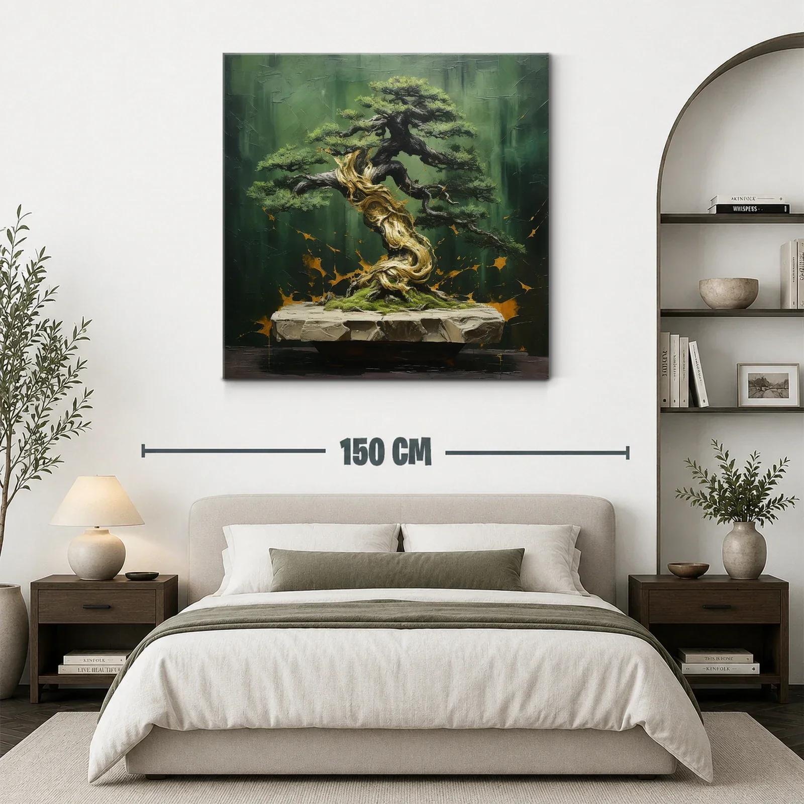 Cuadro árbol bonsái con tonos verdes y dorados — miniatura 3