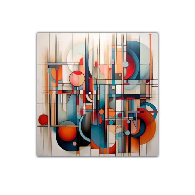 Cuadro abstracto con geometría y colores cálidos y fríos