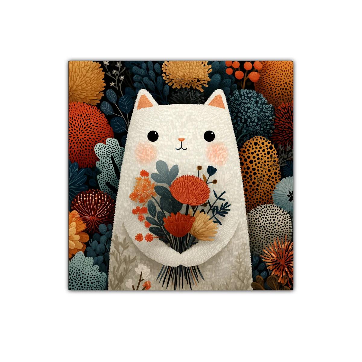 Ilustración de gato blanco con flores otoñales — imagen principal