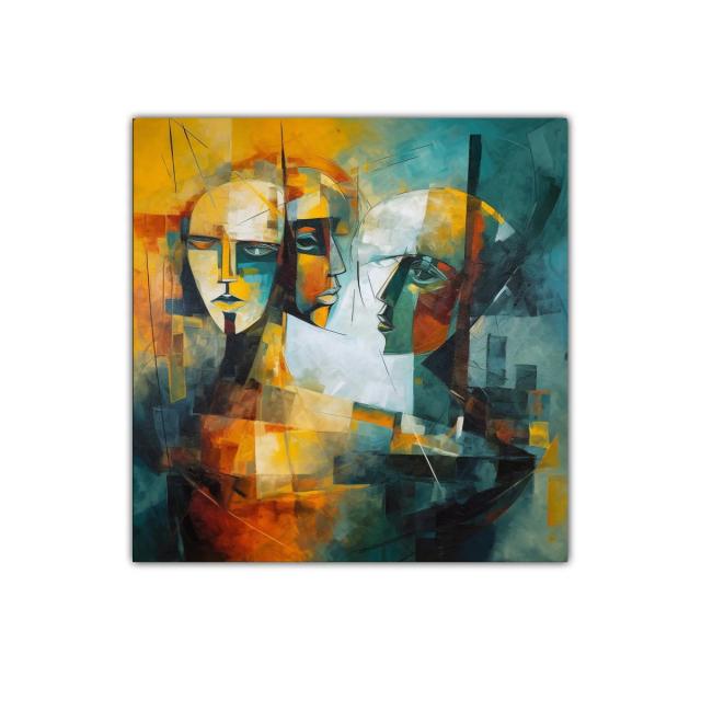 Cuadro abstracto rostros entrelazados en tonos cálidos y fríos