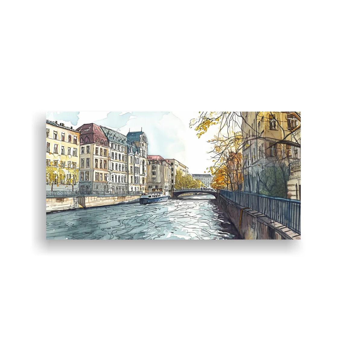Cuadro canal urbano con puente arqueado
