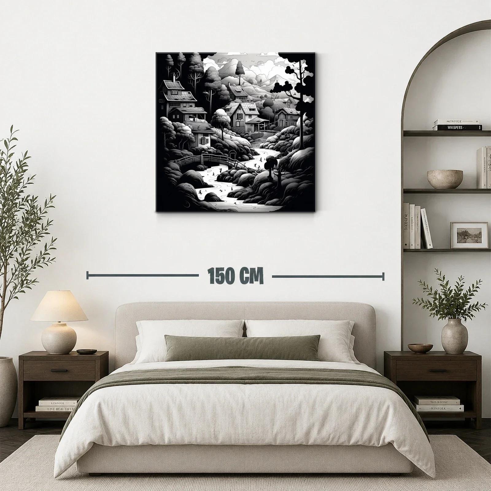 Paisaje rural en blanco y negro con casas y río serpenteante — miniatura 3