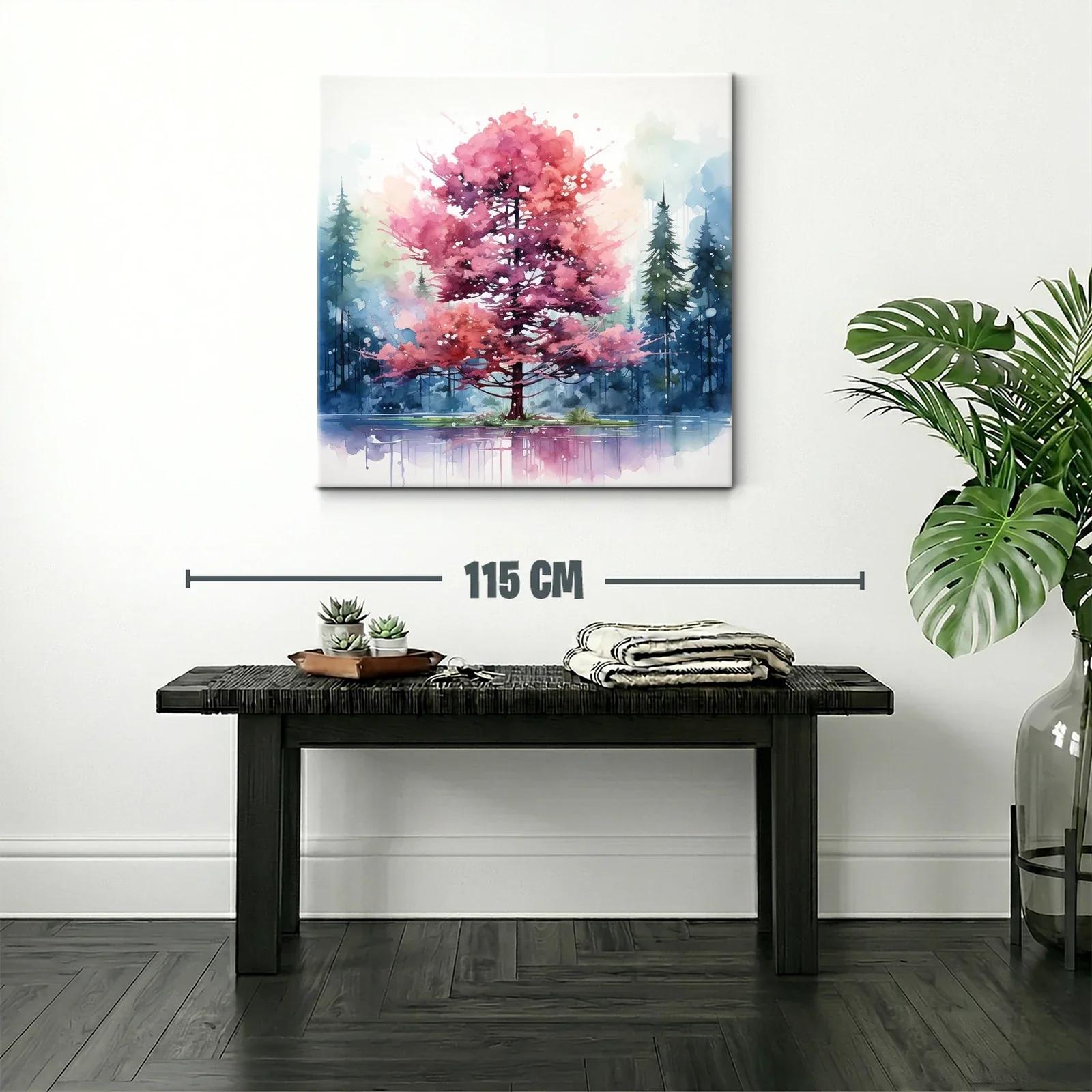 Árbol rosa en lago con fondo de pinos azules y verdes — miniatura 2