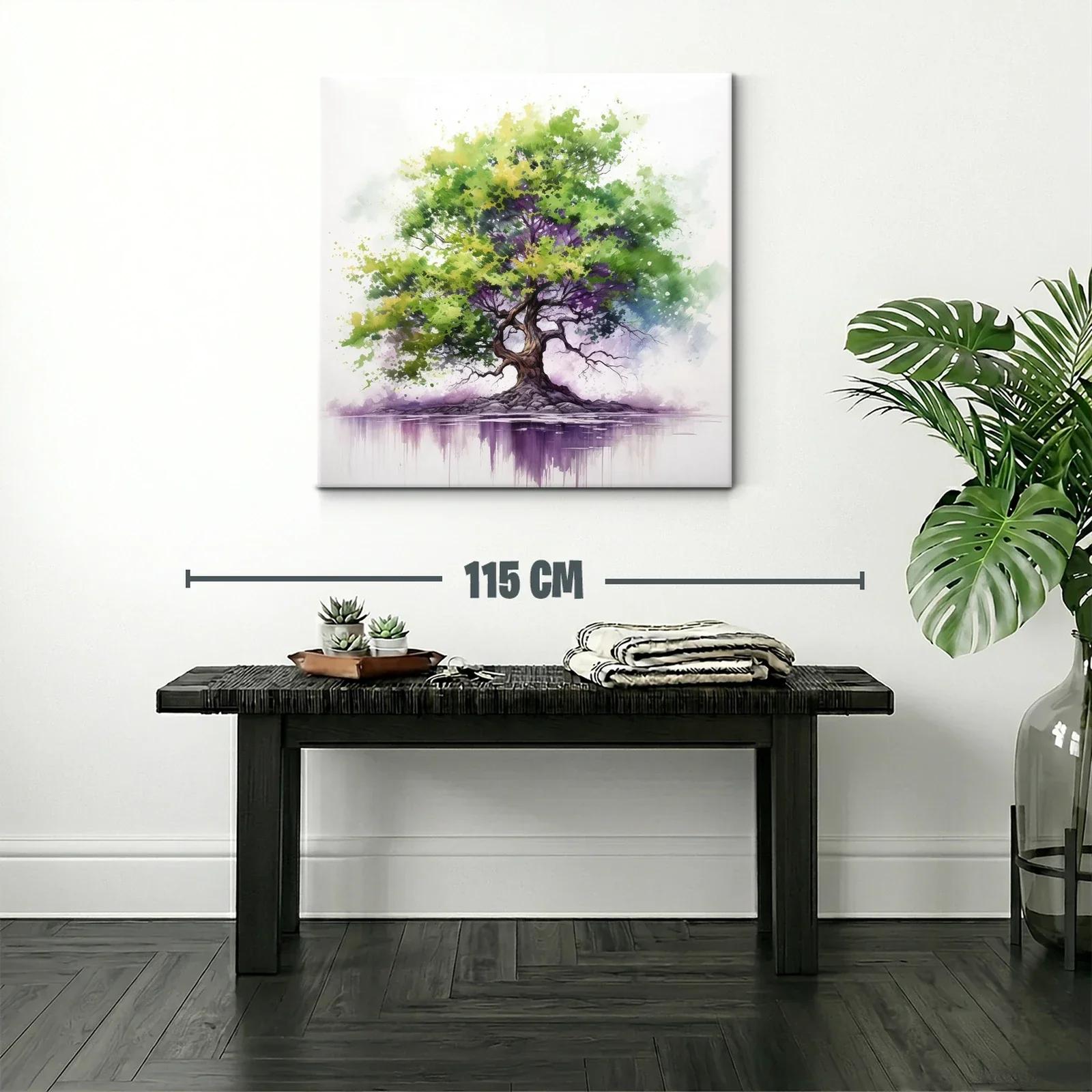 Árbol vibrante con tonos verdes y morados sobre reflejo acuático — miniatura 2