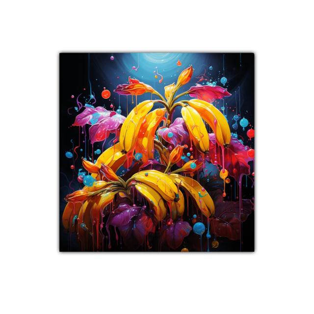 Cuadro vibrante con plátanos y hojas coloridas surrealistas