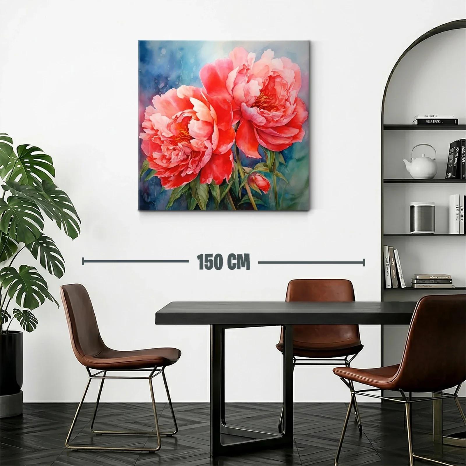 Cuadro floral con peonías vibrantes y fondo azul difuminado — miniatura 2