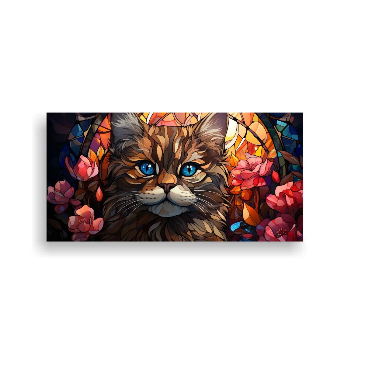 Cuadro gato de pelo largo con ojos azules y flores en vidriera
