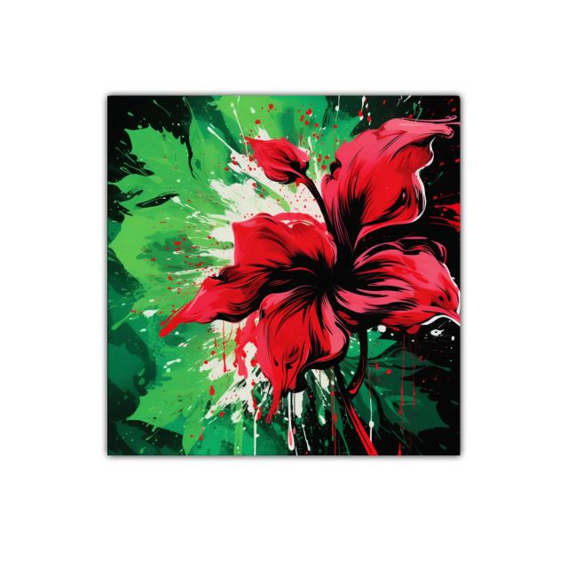 Cuadro decorativo con flor roja sobre fondo verde y negro vibrante