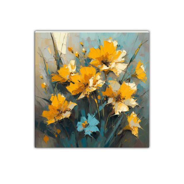 Cuadro decorativo con vibrantes flores amarillas y toque azul