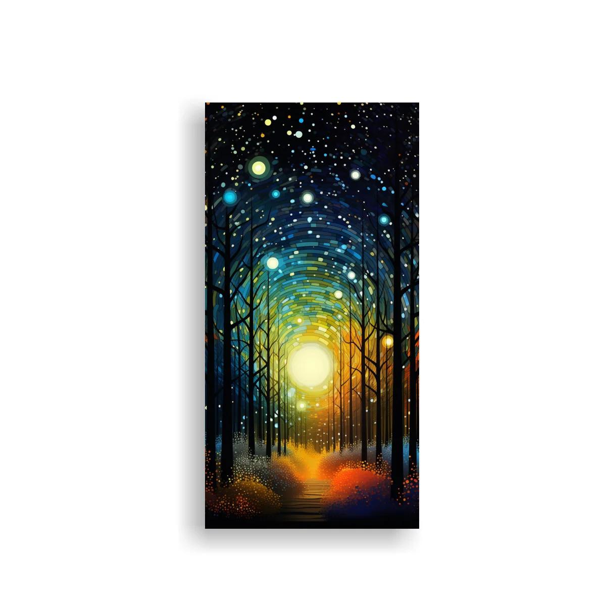 Cuadro bosque iluminado con sendero y luces flotantes