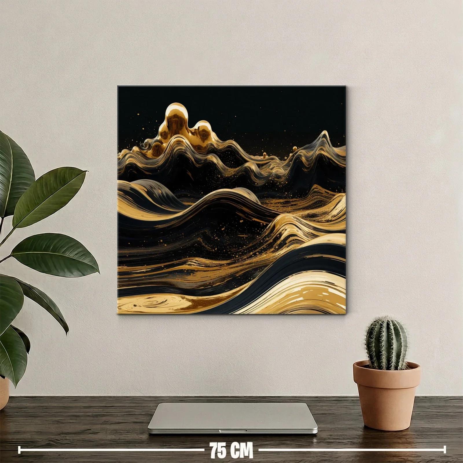 Cuadro abstracto con olas doradas sobre fondo negro — miniatura 2