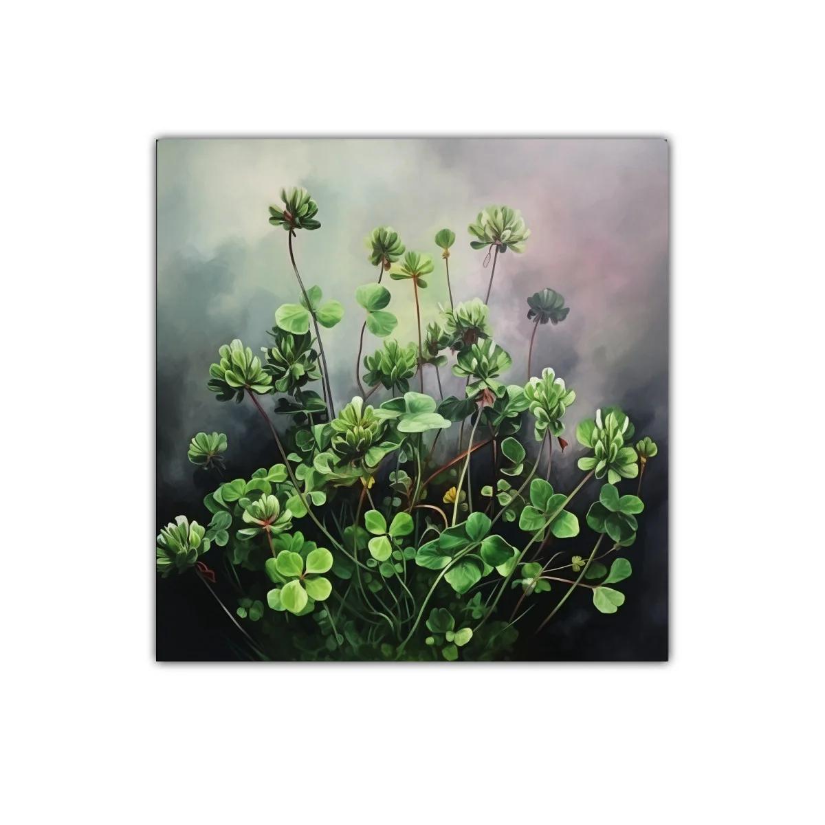 Cuadro decorativo con tréboles verdes y fondo neutro — imagen principal