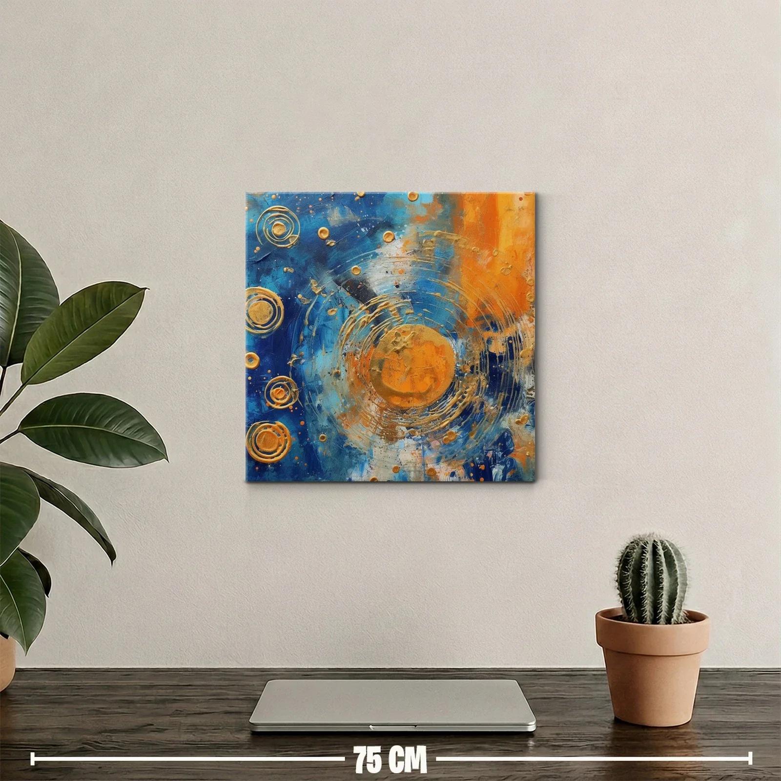 Cuadro abstracto con círculos dorados y contraste azul naranja — miniatura 2