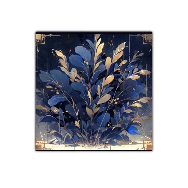 Cuadro con hojitas doradas y tonos azules sofisticados