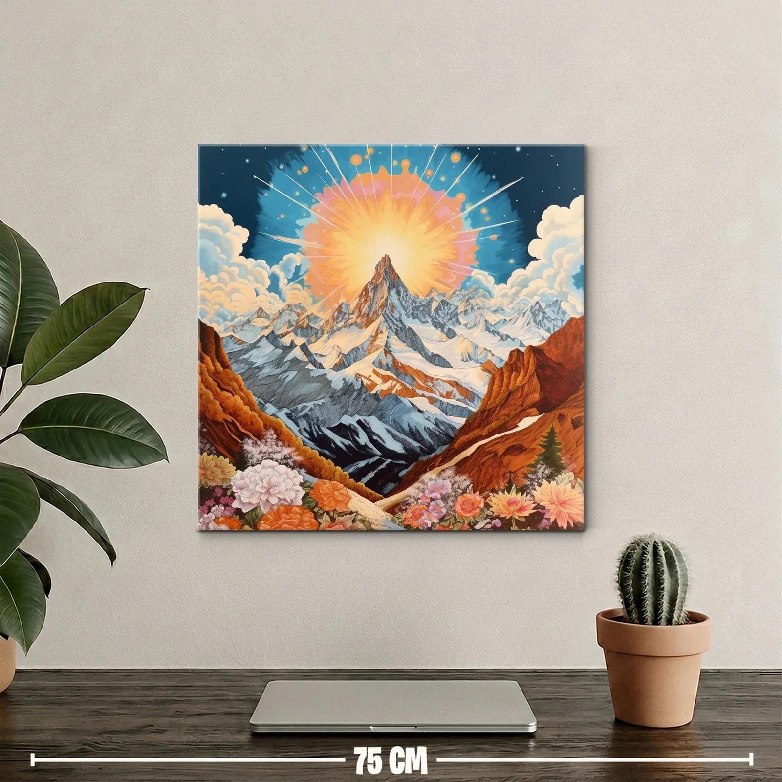 Montaña majestuosa con sol radiante y flores vibrantes — miniatura 2