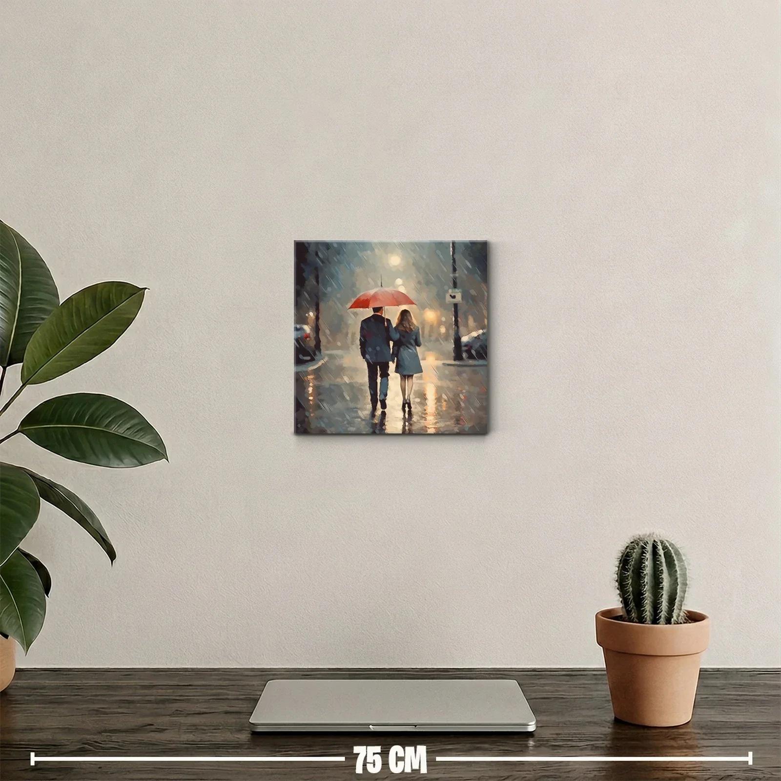 Pareja caminando bajo la lluvia con paraguas rojo — miniatura 2