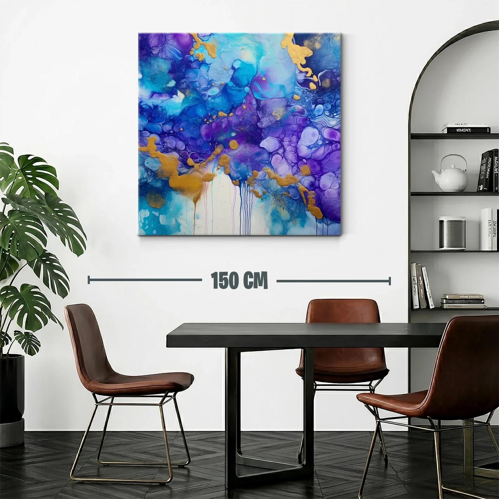 Cuadro abstracto en tonos azules y violetas con notas doradas — miniatura 2