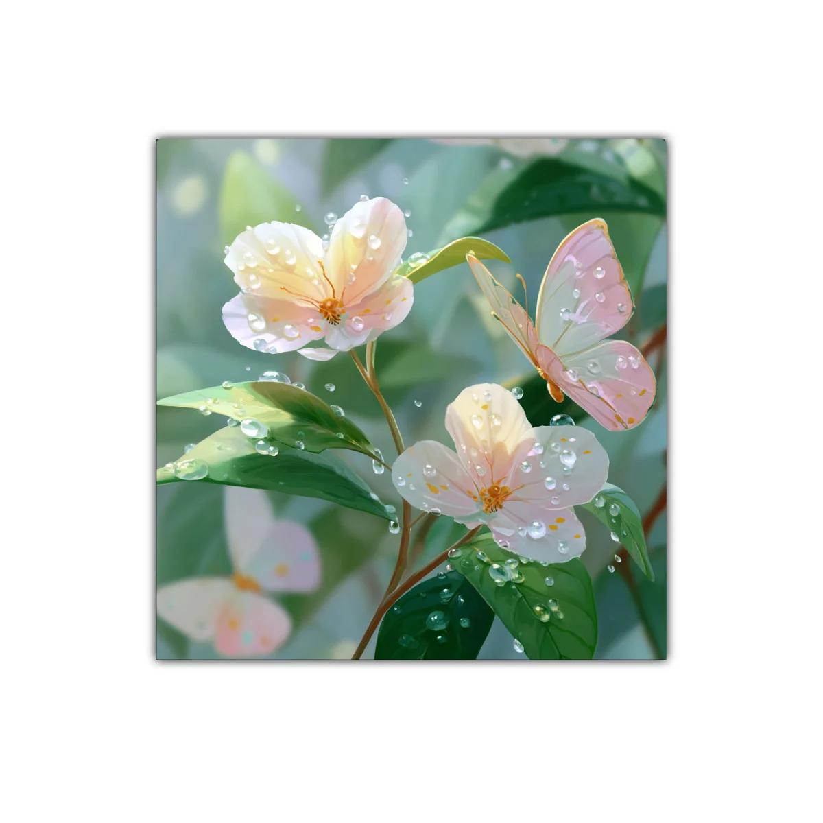 Flores y mariposas con gotas de rocío en tonos suaves — imagen principal