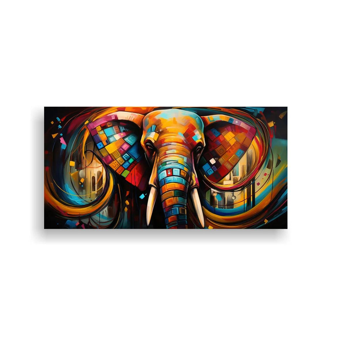 Cuadro elefante de colores con trompa frontal