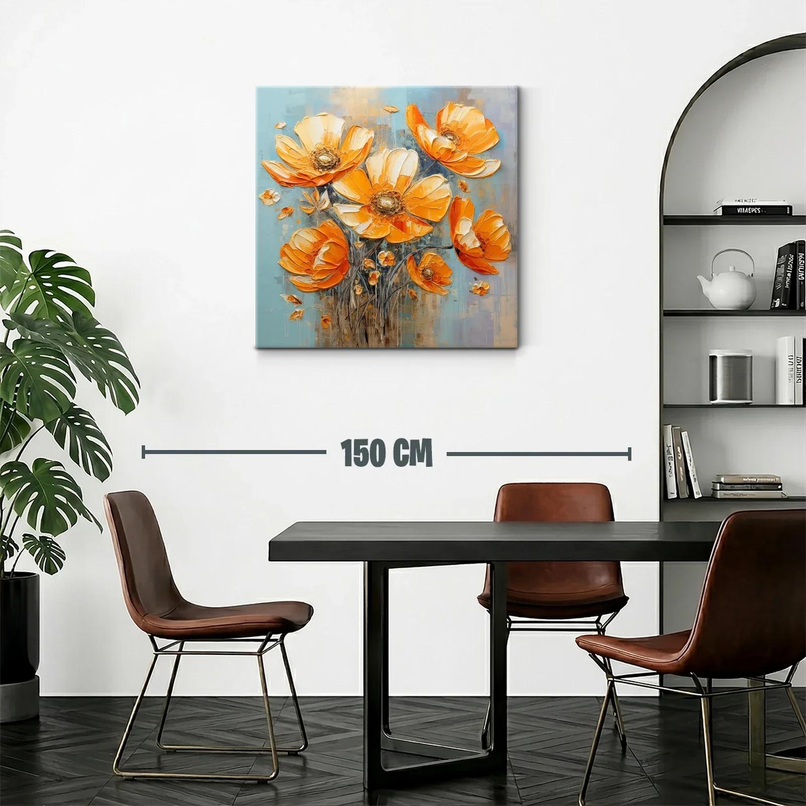 Cuadro floral vibrante en tonos cálidos y fondo azul — miniatura 2