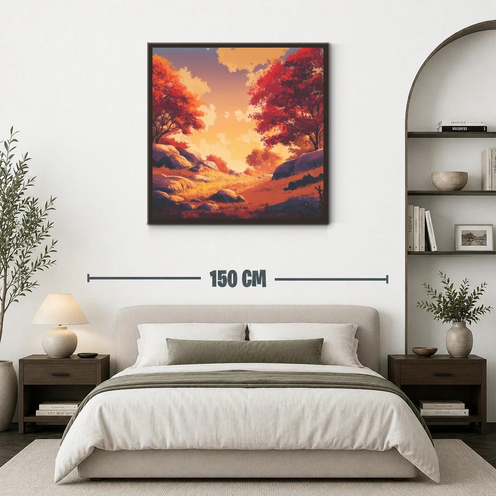 Paisaje otoñal con luz cálida y árboles rojos intensos — miniatura 3