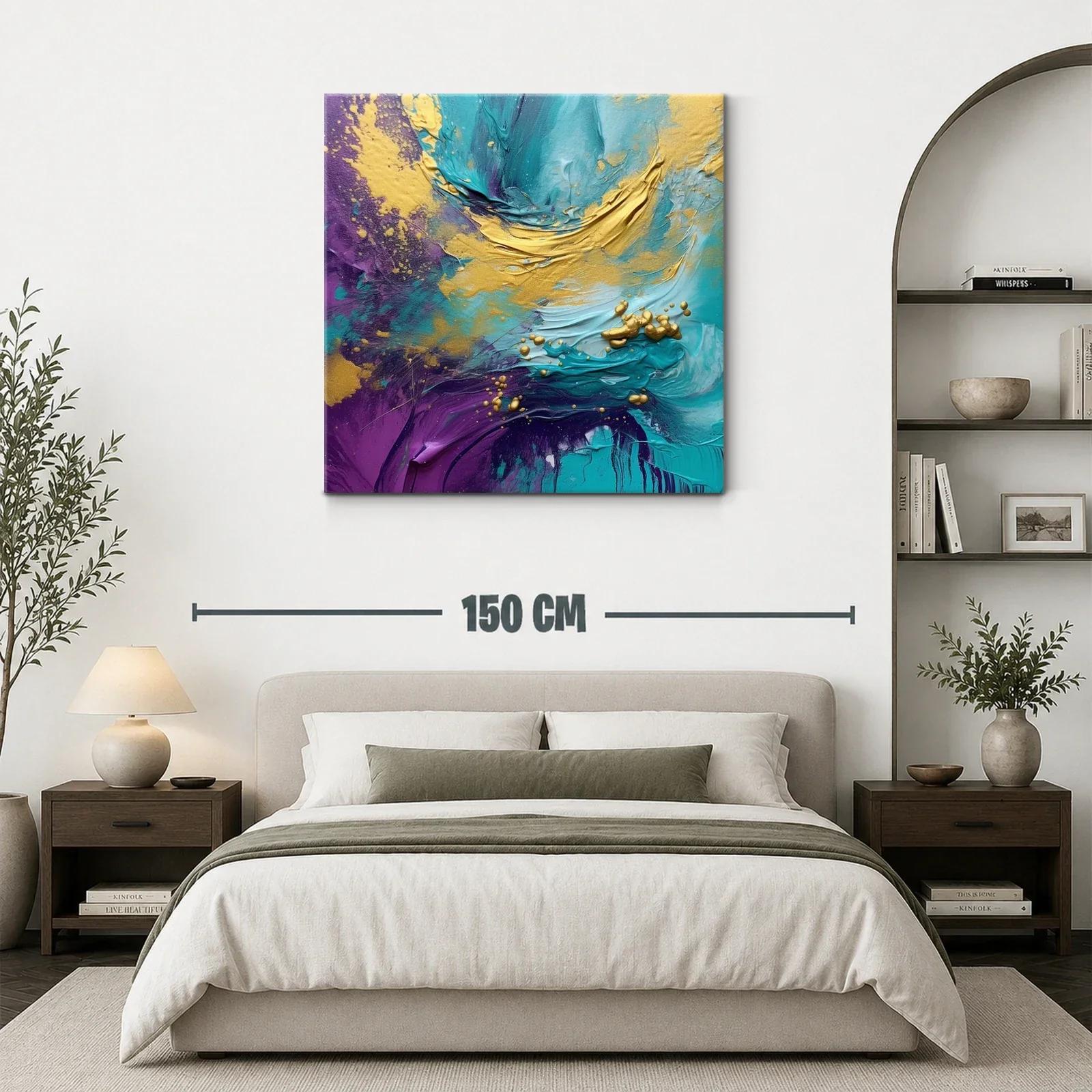 Cuadro abstracto vibrante en tonos turquesa y dorado — miniatura 3