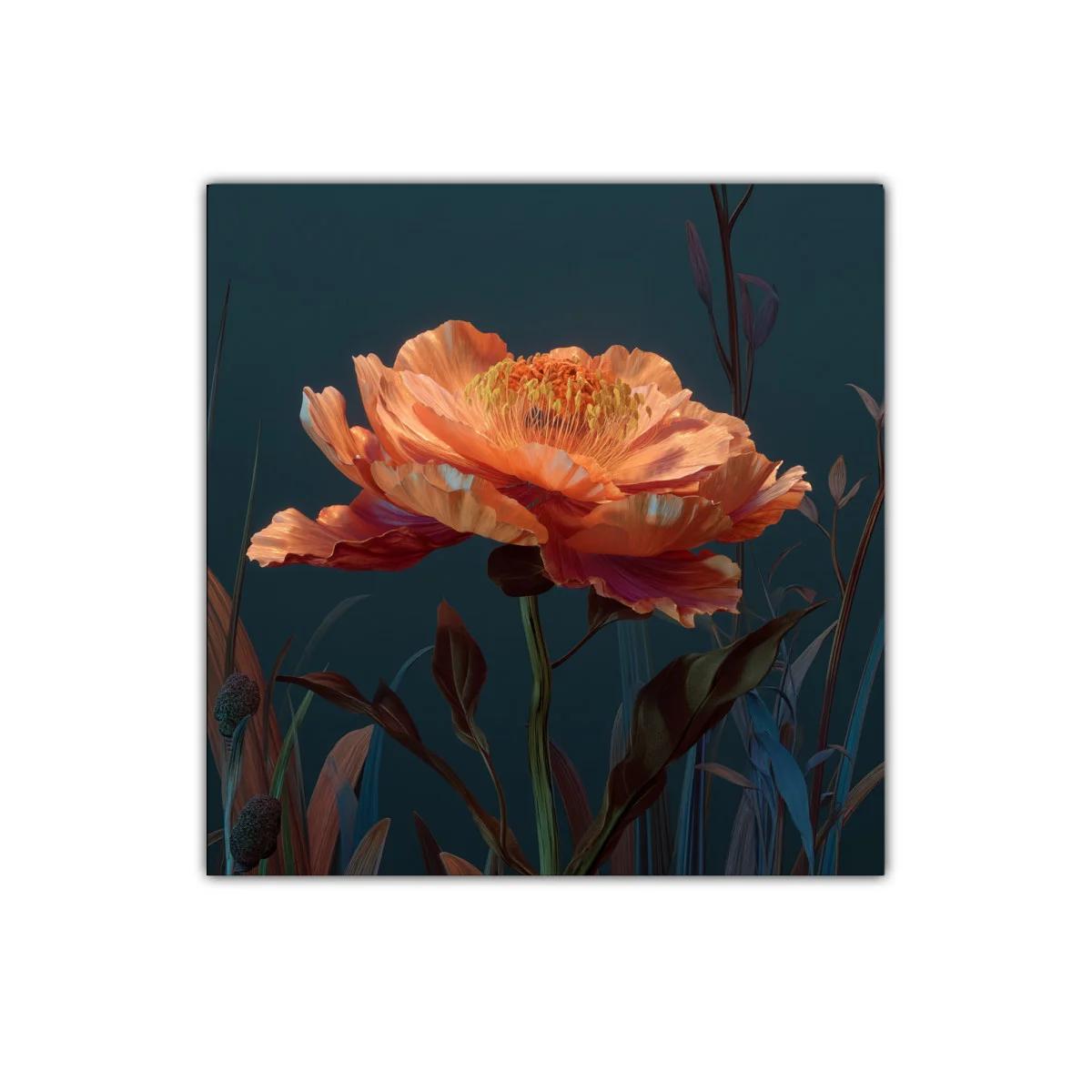 Flor vibrante en tonos cálidos sobre fondo oscuro — imagen principal