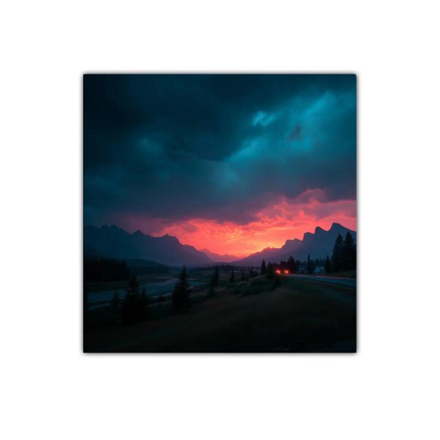 Atardecer dramático en paisaje montañoso y bosque