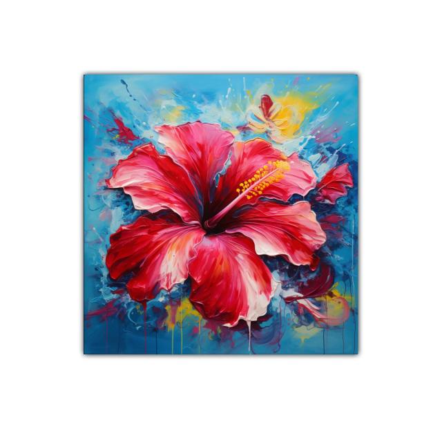 Vibrante cuadro con flor roja y fondo azul intenso
