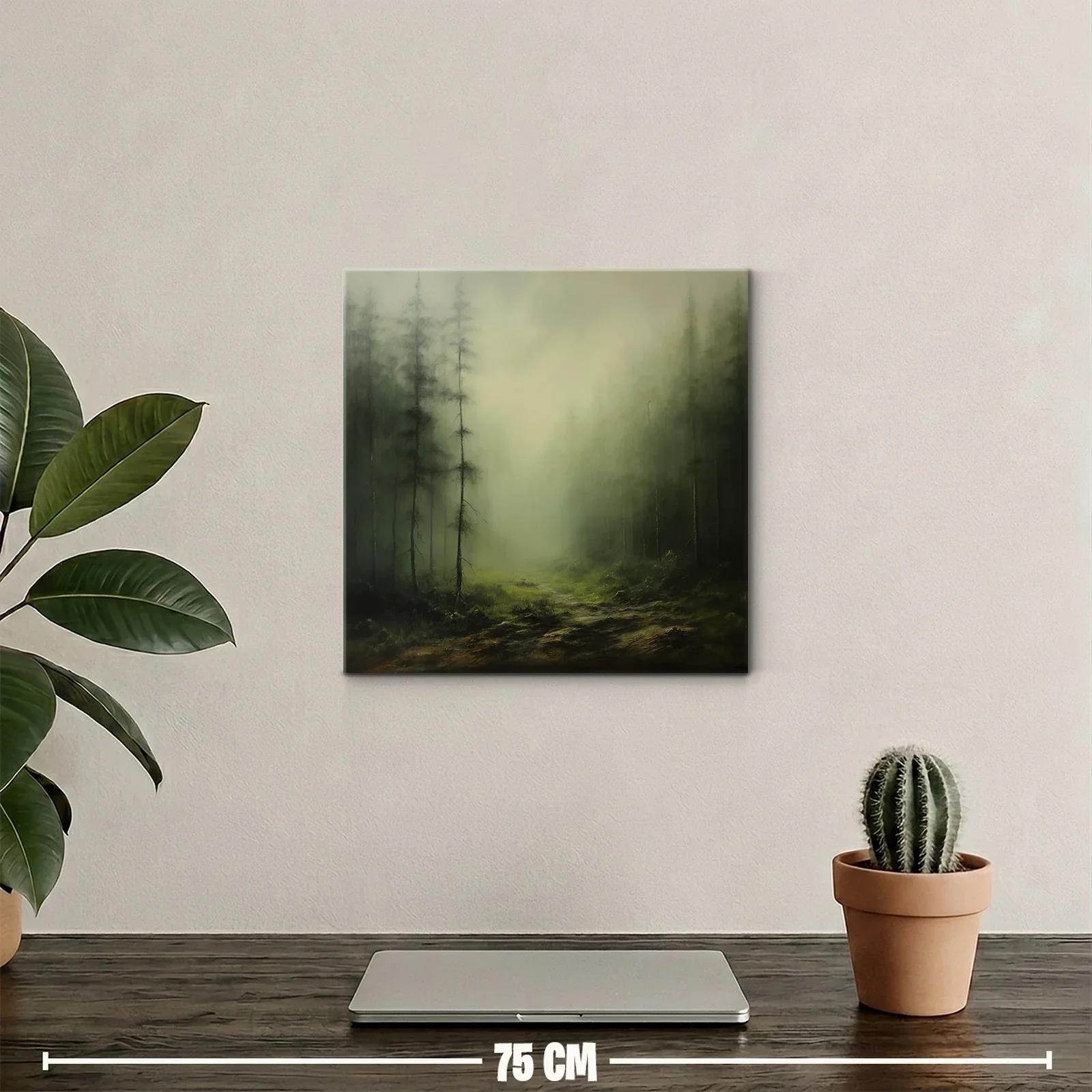 Paisaje nebuloso con bosque y camino en tonos verdes — miniatura 2