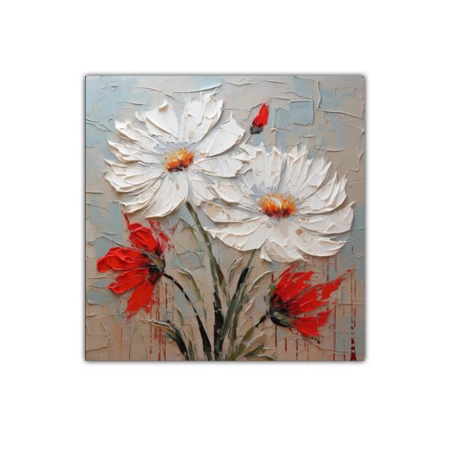 Cuadro floral en relieve con margaritas blancas y acentos rojos