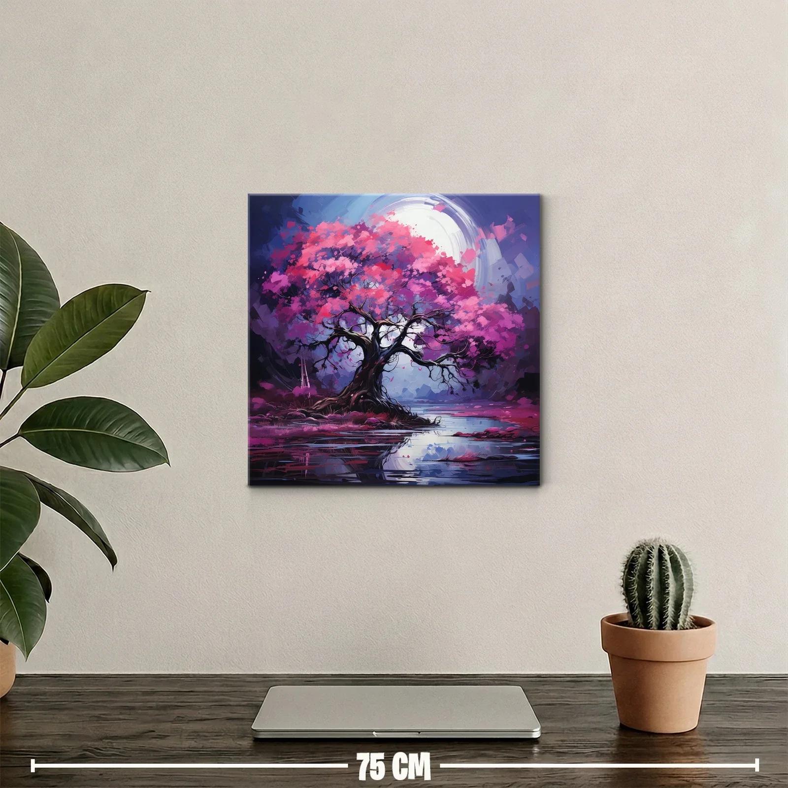 Árbol en flor bajo luna brillante sobre lago sereno — miniatura 2