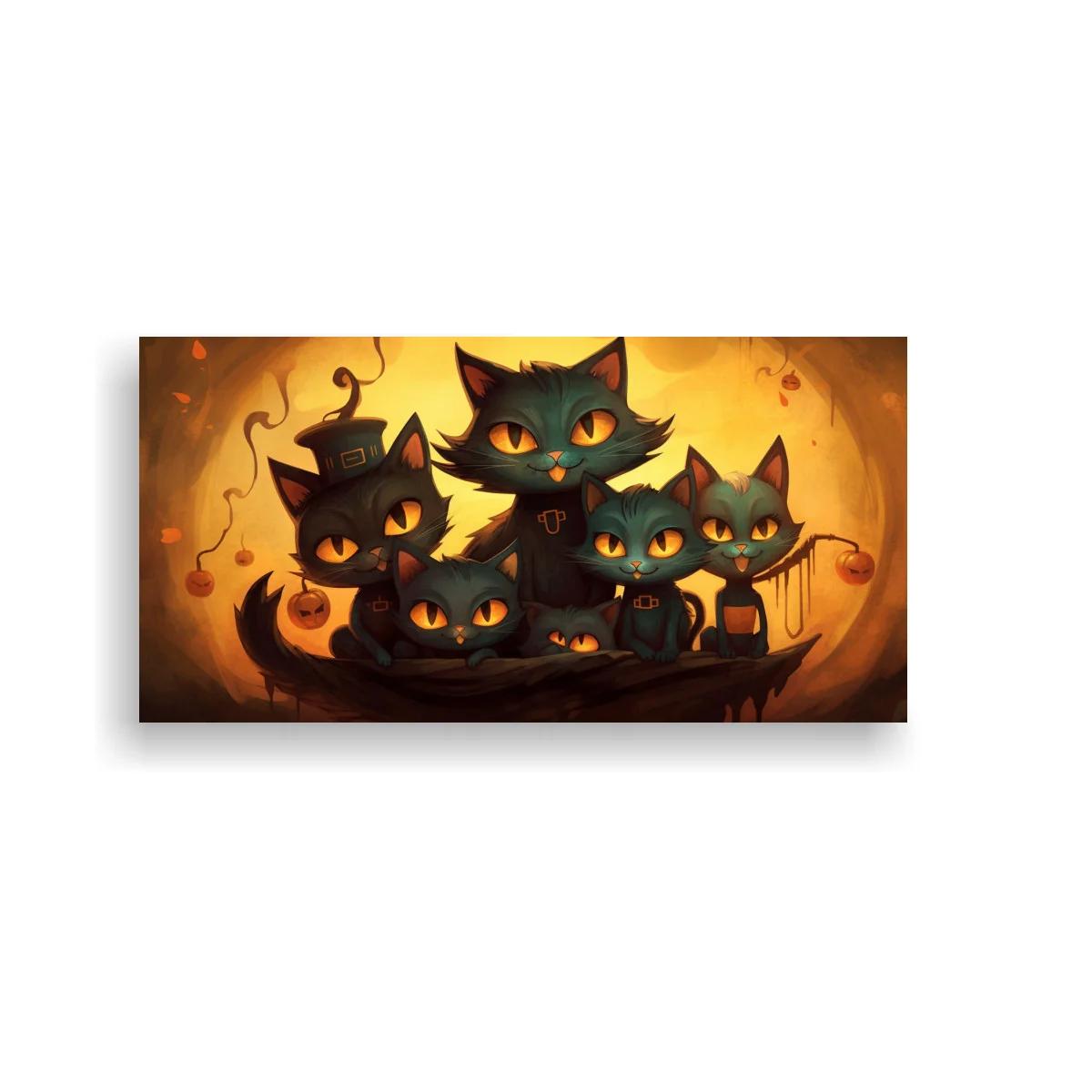 Cuadro familia de gatos negros bajo luna llena