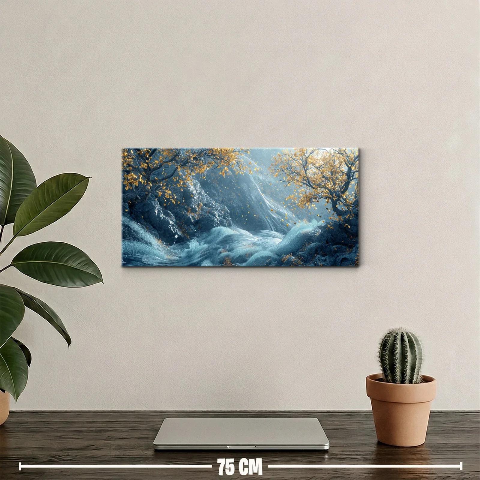 Cuadro cascada en un bosque iluminada por haces de luz — miniatura 2