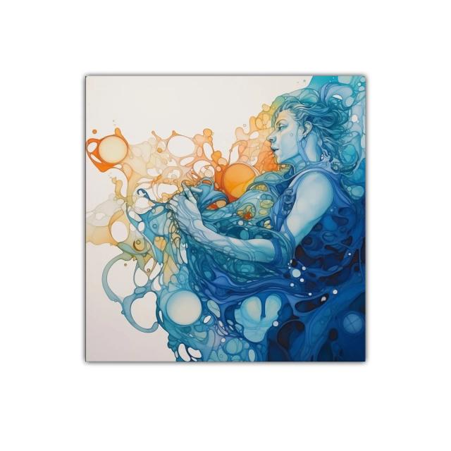 Figura femenina entre ondas fluidas en tonos azules y naranjas