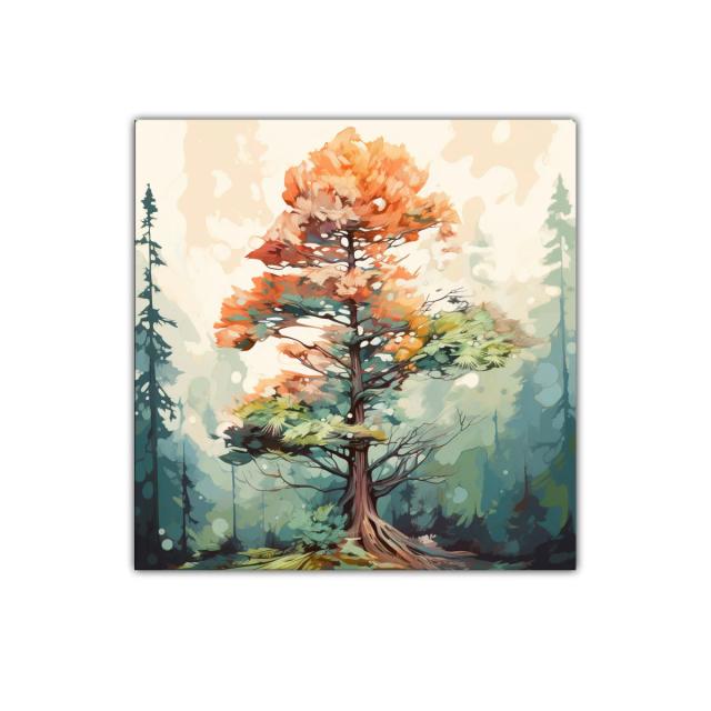 Árbol colorido en bosque brumoso con tonos cálidos