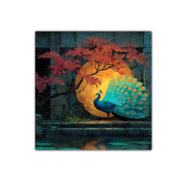 Cuadro decorativo de pavo real con fondo otoñal vibrante