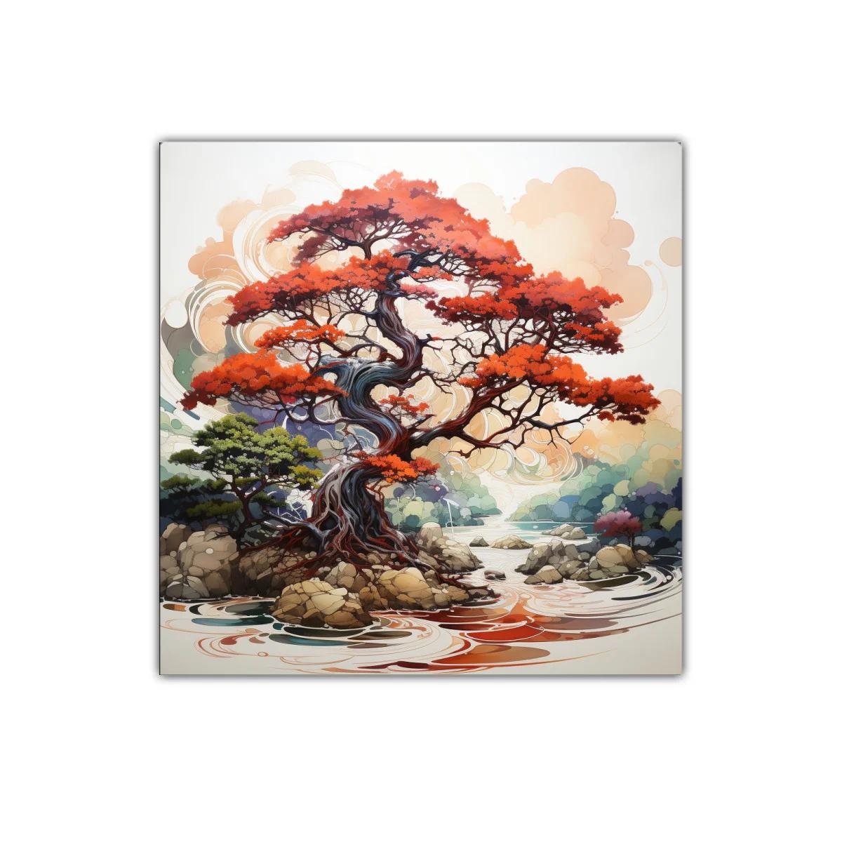 Árbol rojo sobre río con rocas y paisaje sereno