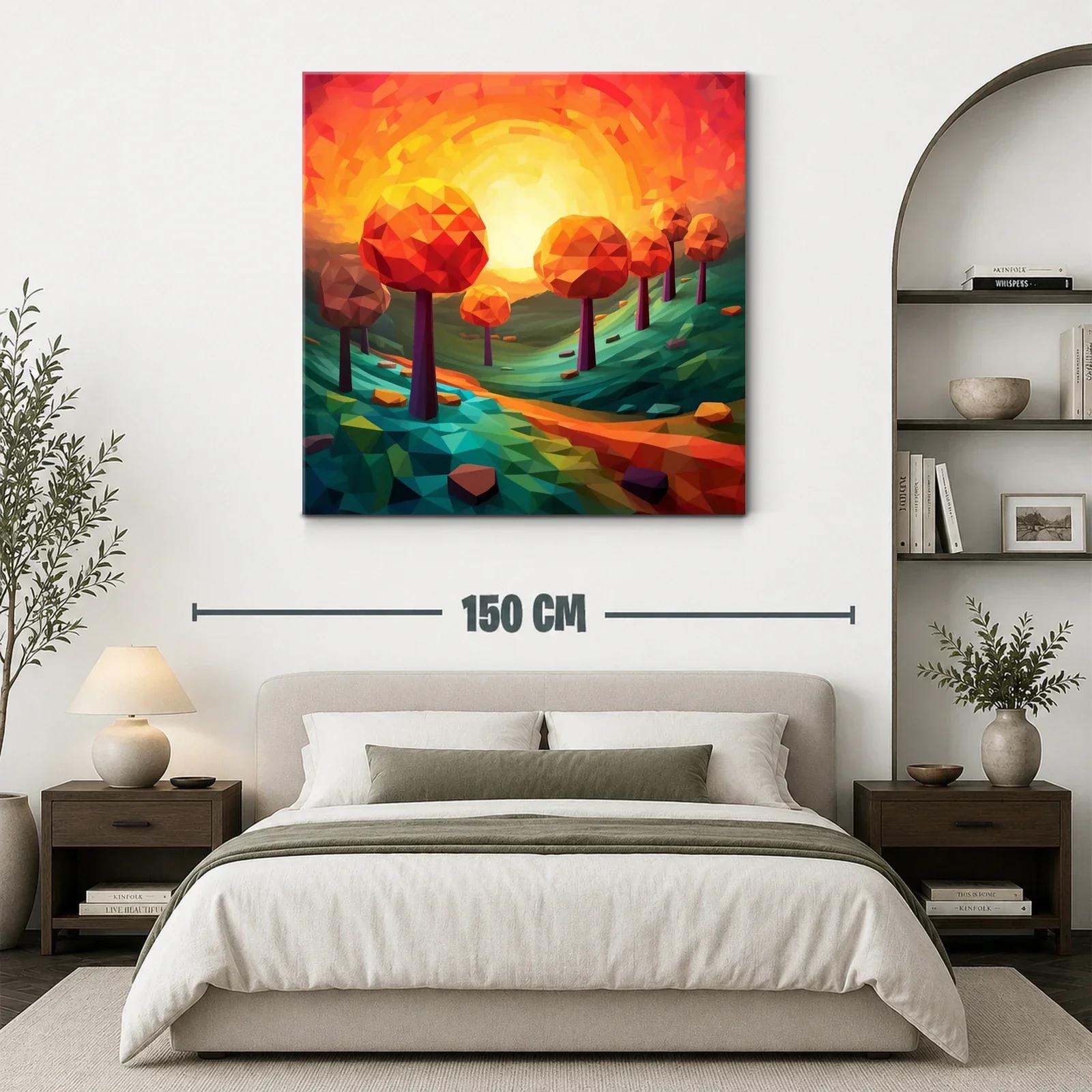 Paisaje geométrico con árboles naranjas al atardecer — miniatura 3
