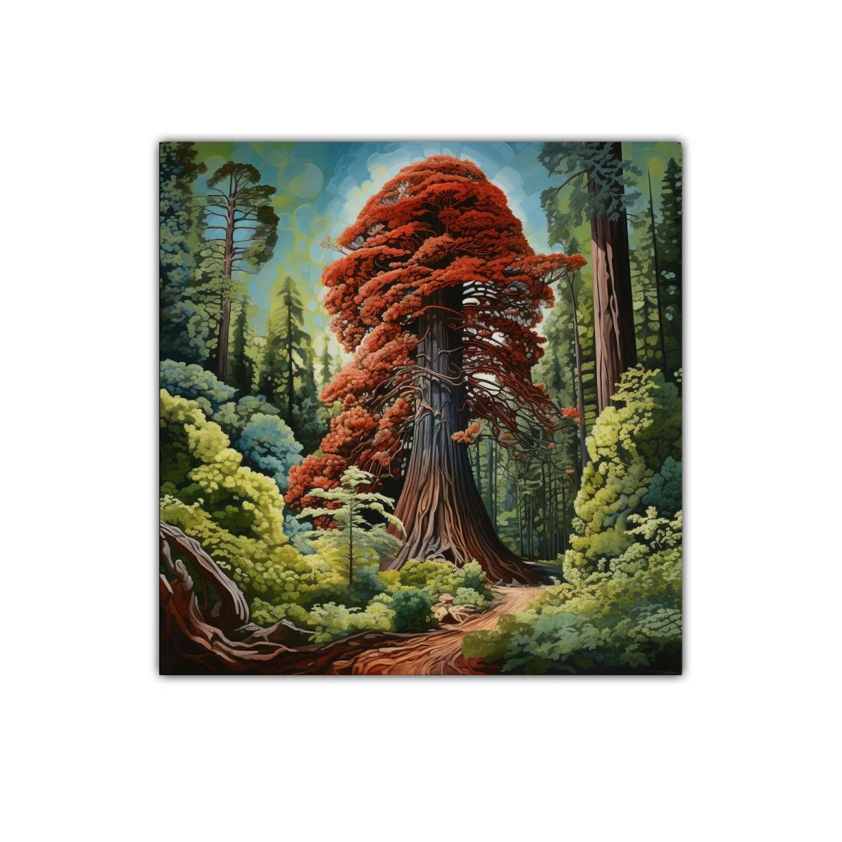 Gran árbol rojo rodeado de bosque verde vibrante