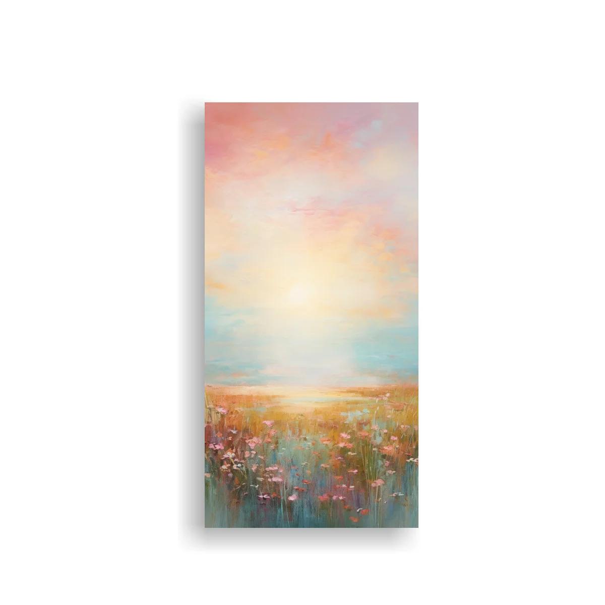 Cuadro pradera de flores al atardecer con sol y nubes pastel
