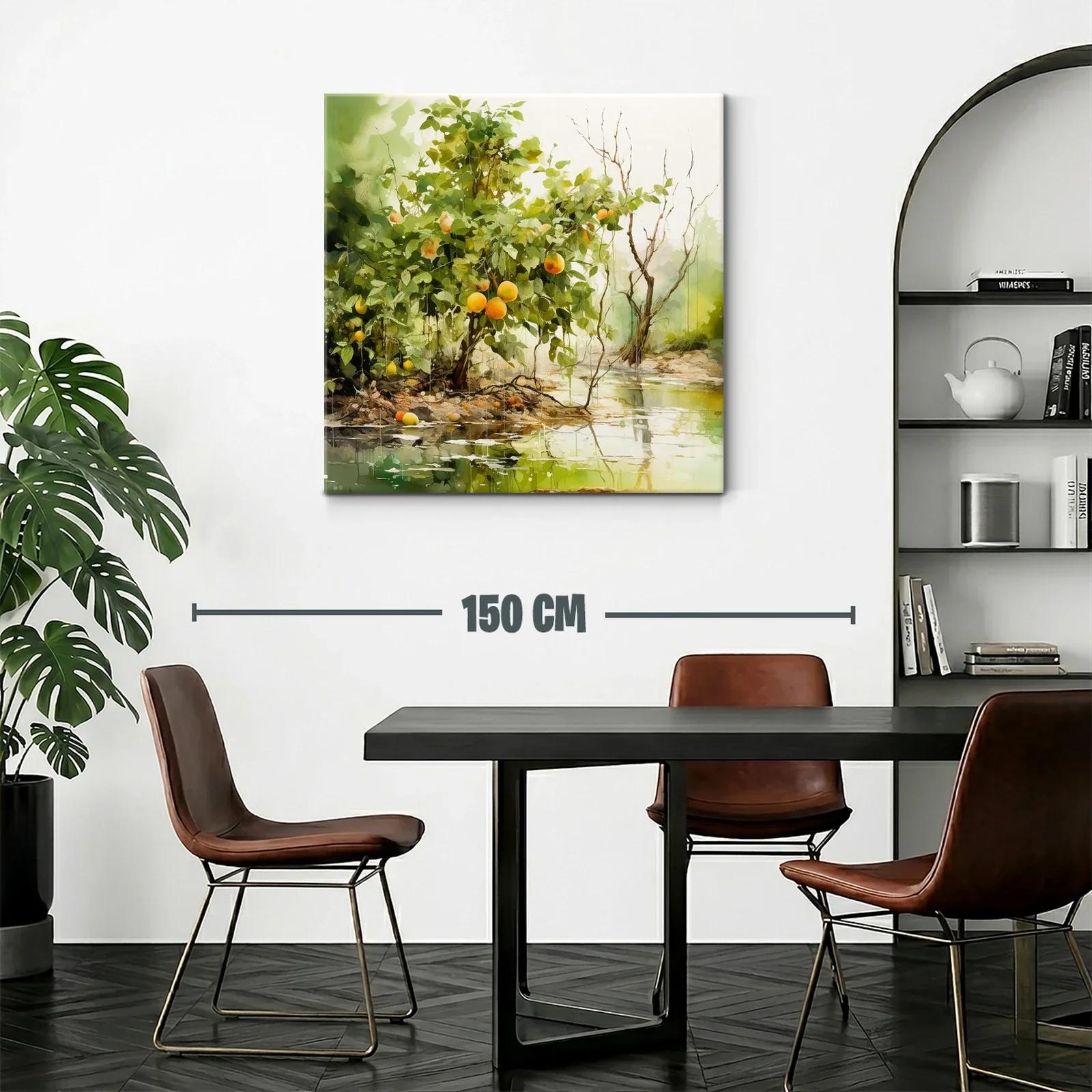Cuadro paisaje natural con árboles y frutos en tonos verdes y naranjas — miniatura 2