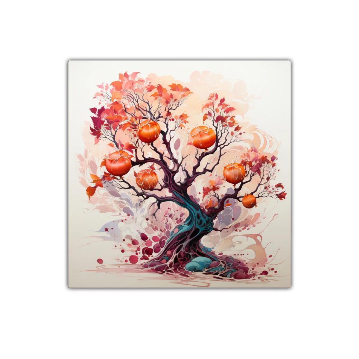 Árbol de frutos vibrantes en tonos cálidos y púrpuras