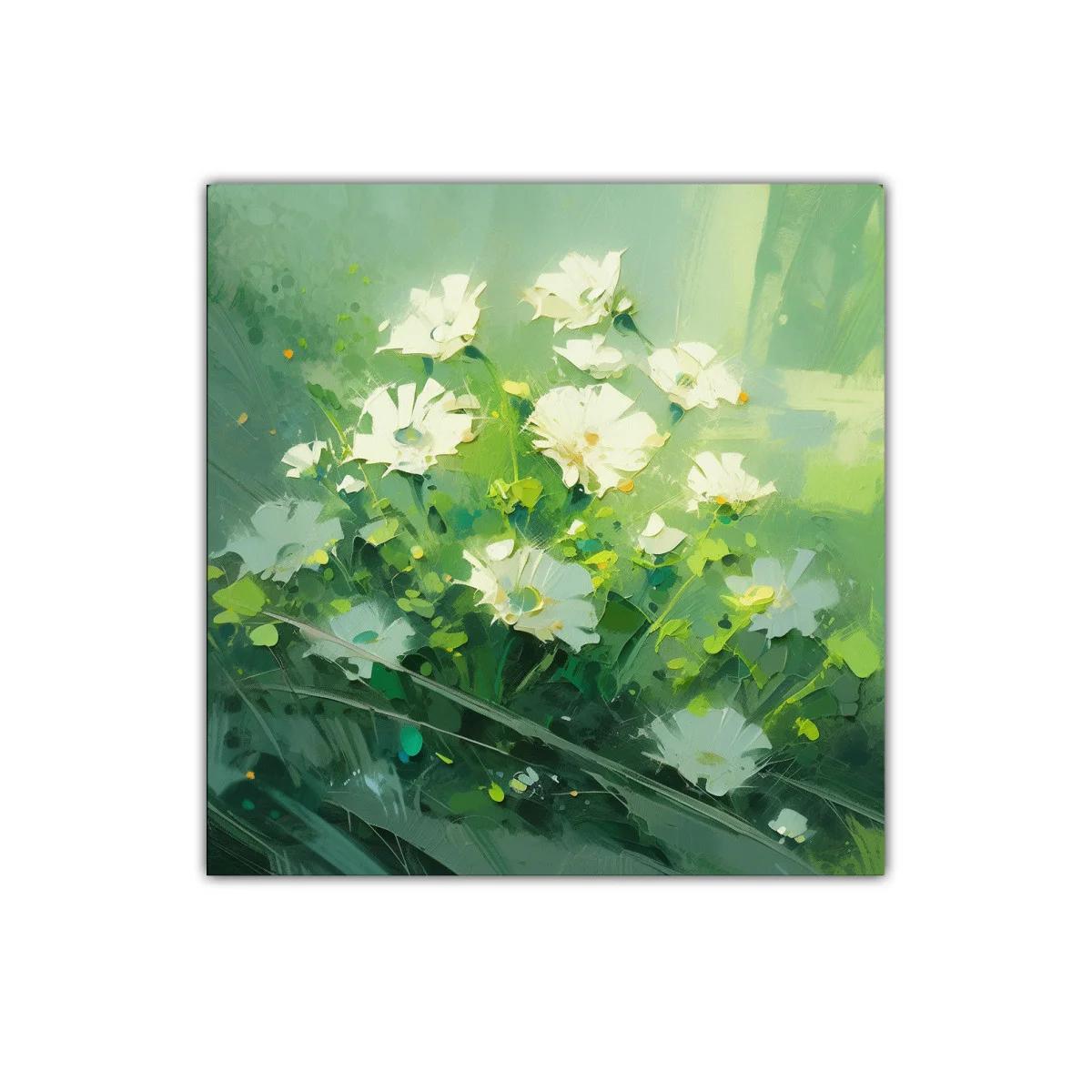 Cuadro con delicadas flores blancas sobre fondo verde — imagen principal