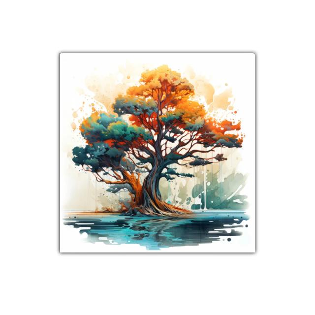 Árbol vibrante con reflejo en agua llena de color y vida