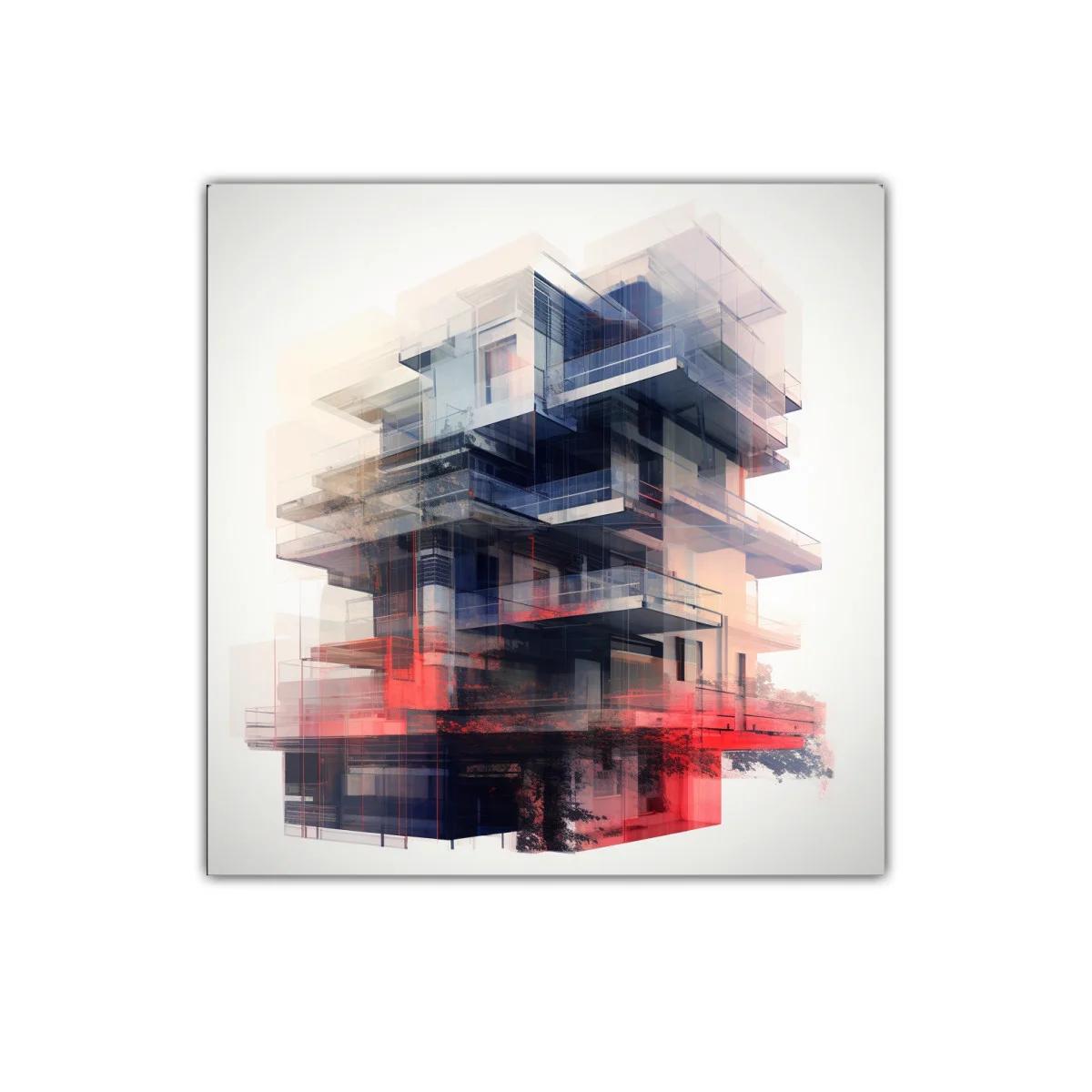 Composición abstracta de arquitectura futurista en tonos rojos y azules
